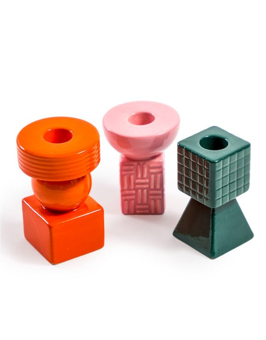 Set of 3 Ceramic Geometric Candle Holders (Orange, Pink, Green)
