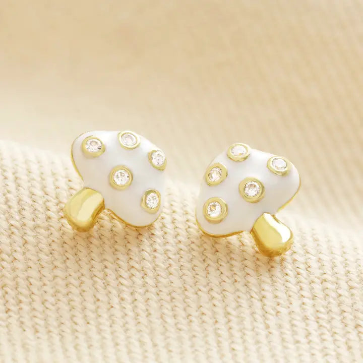 White Enamel Mushroom Stud Earrings in Gold