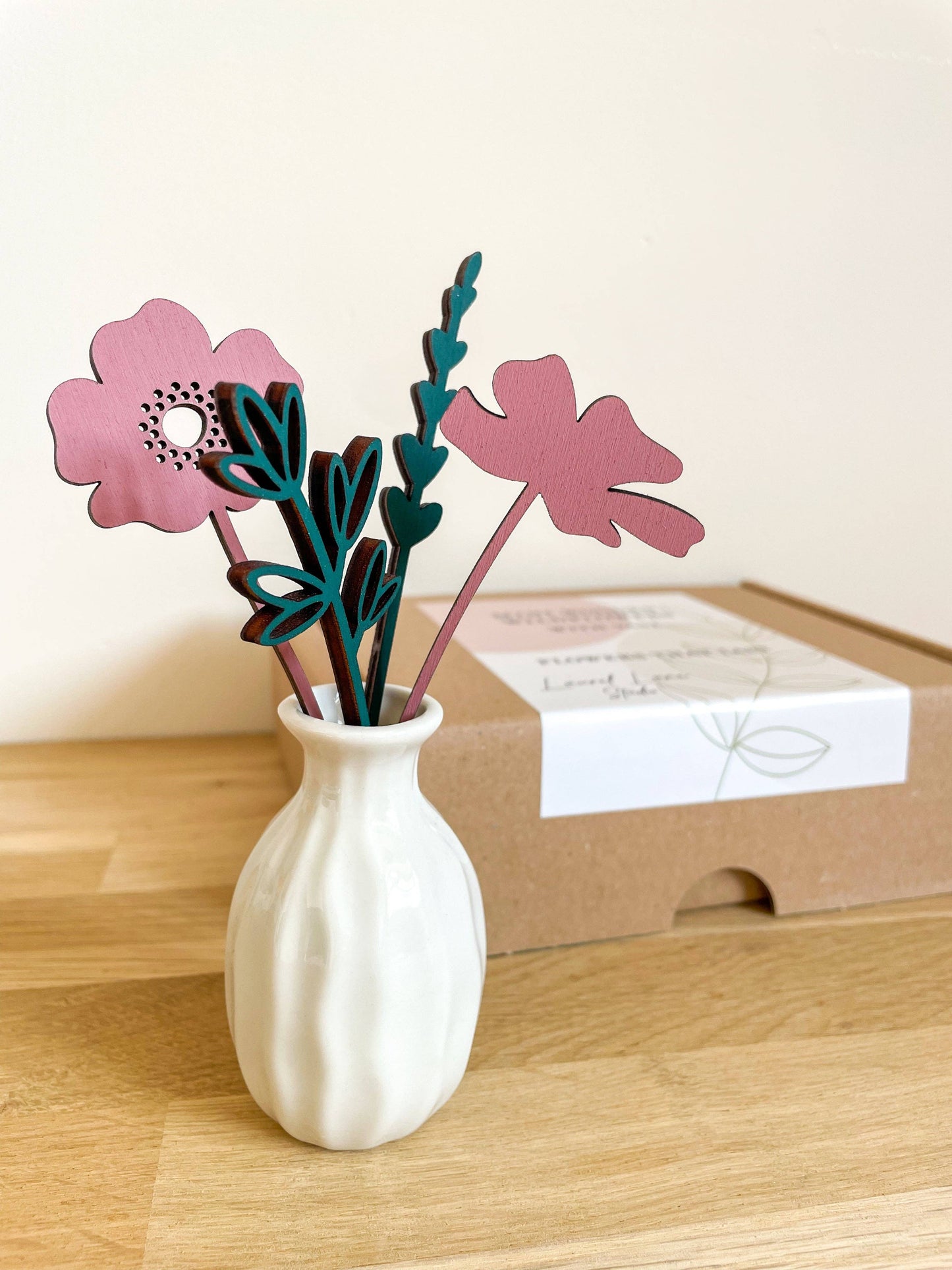 Mini Wooden Wildflowers Set With Vase - Pink