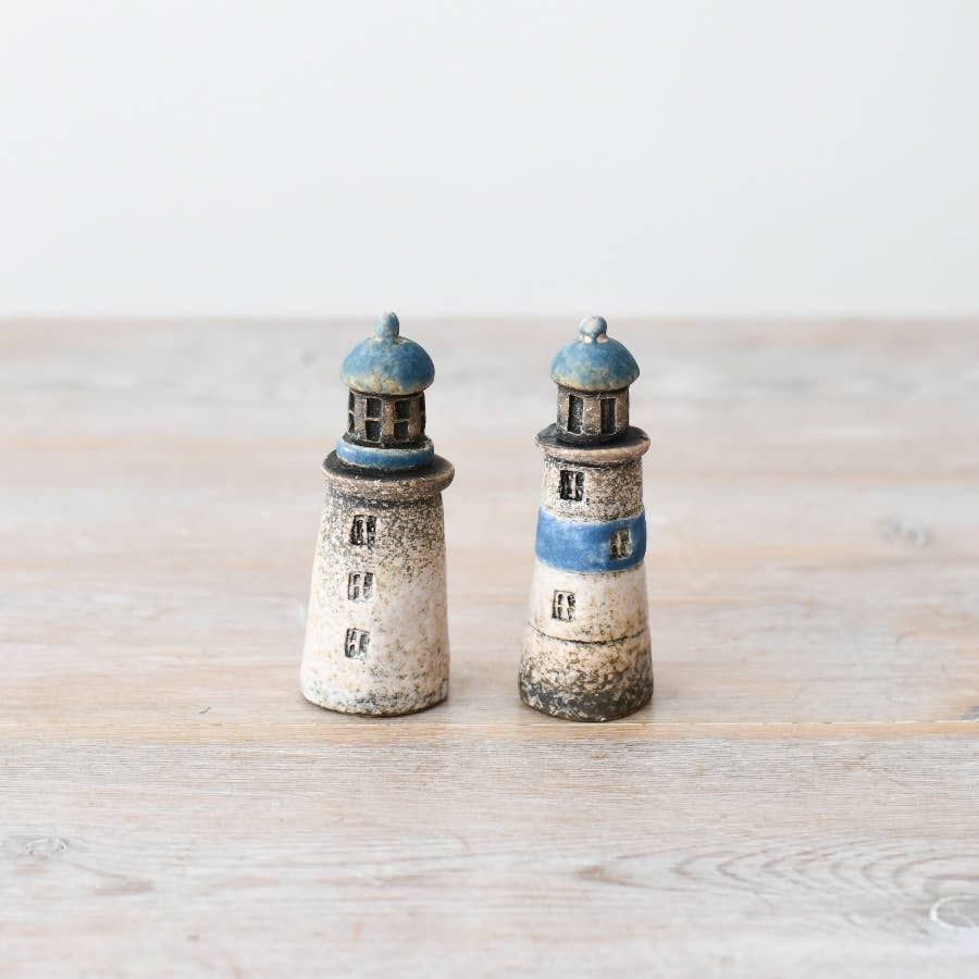 Ceramic Speckled Blue Light House Deco - 7.4cm