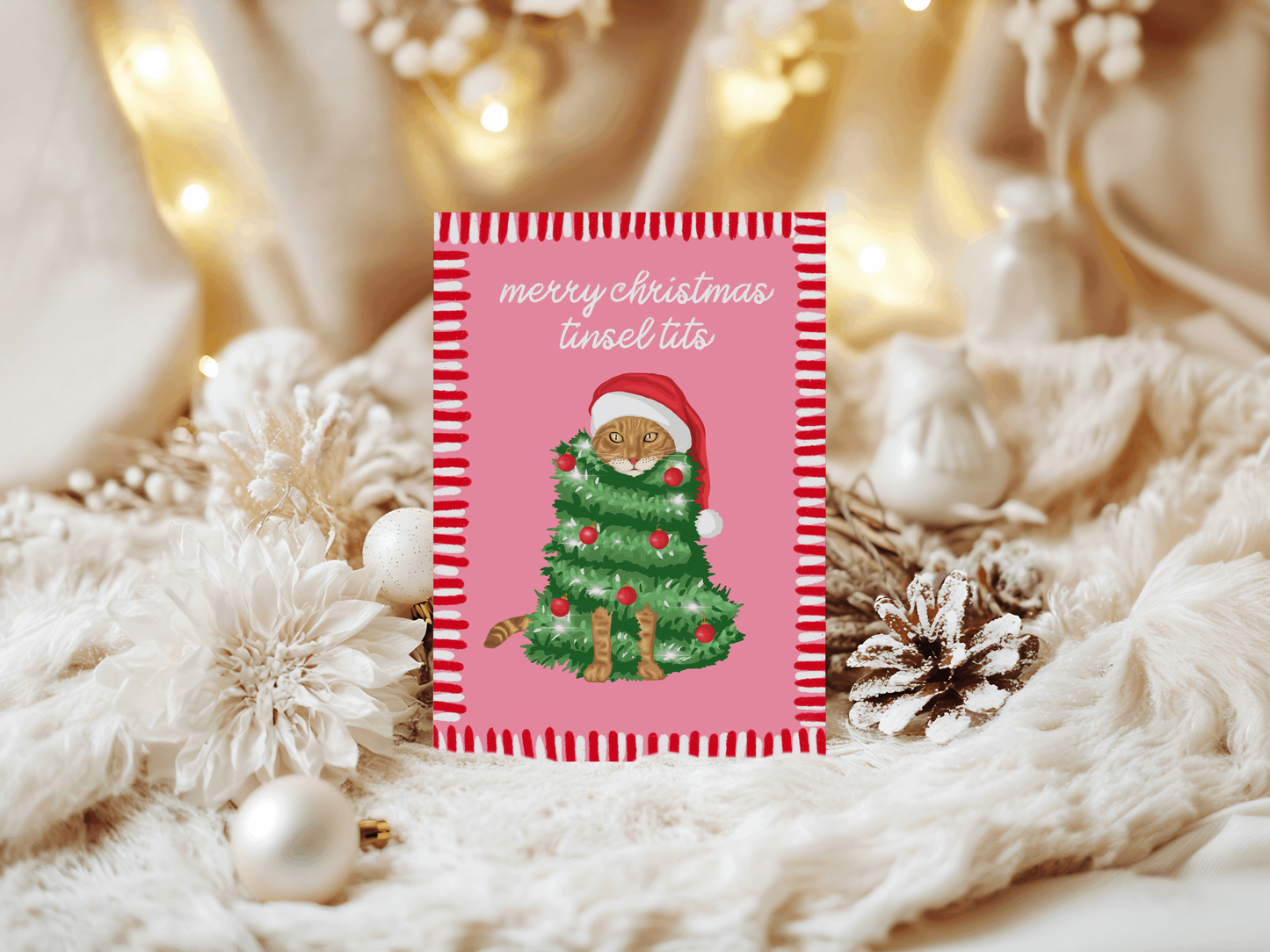 Merry Christmas Tinsel Tits Cat Illustrated Christmas Card