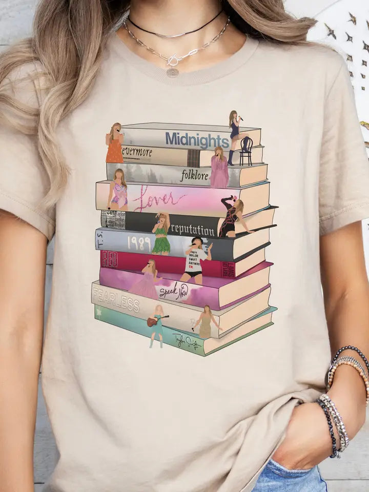 Taylor Swift Book Stack Album T Shirt - Sand