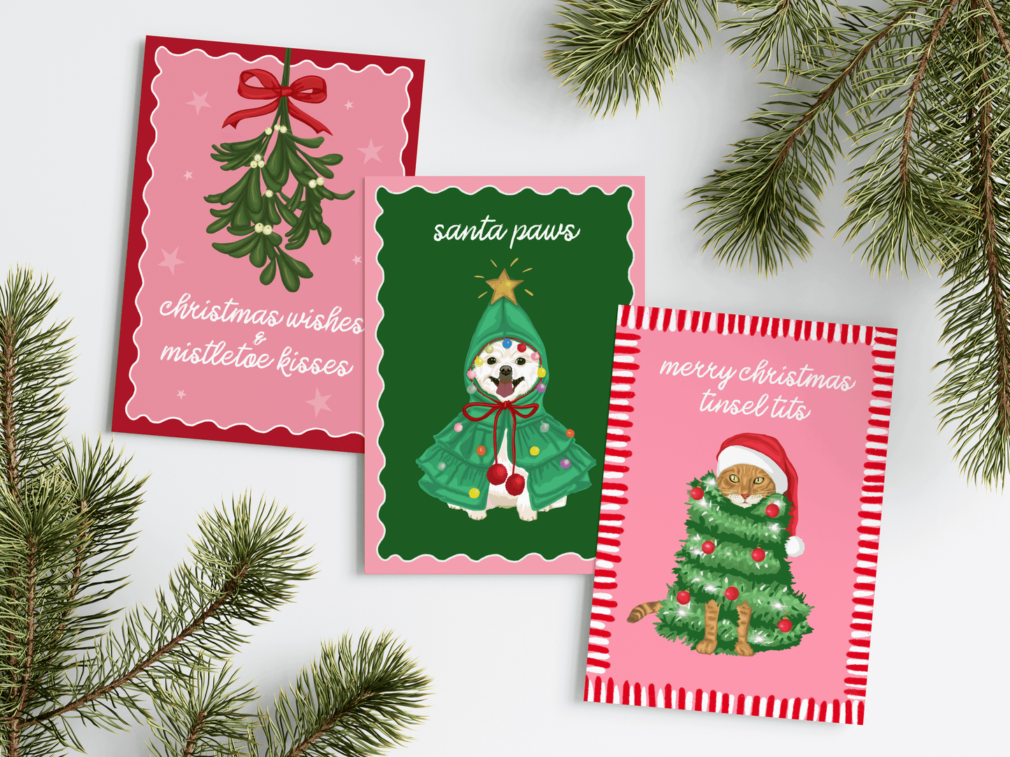 Merry Christmas Tinsel Tits Cat Illustrated Christmas Card