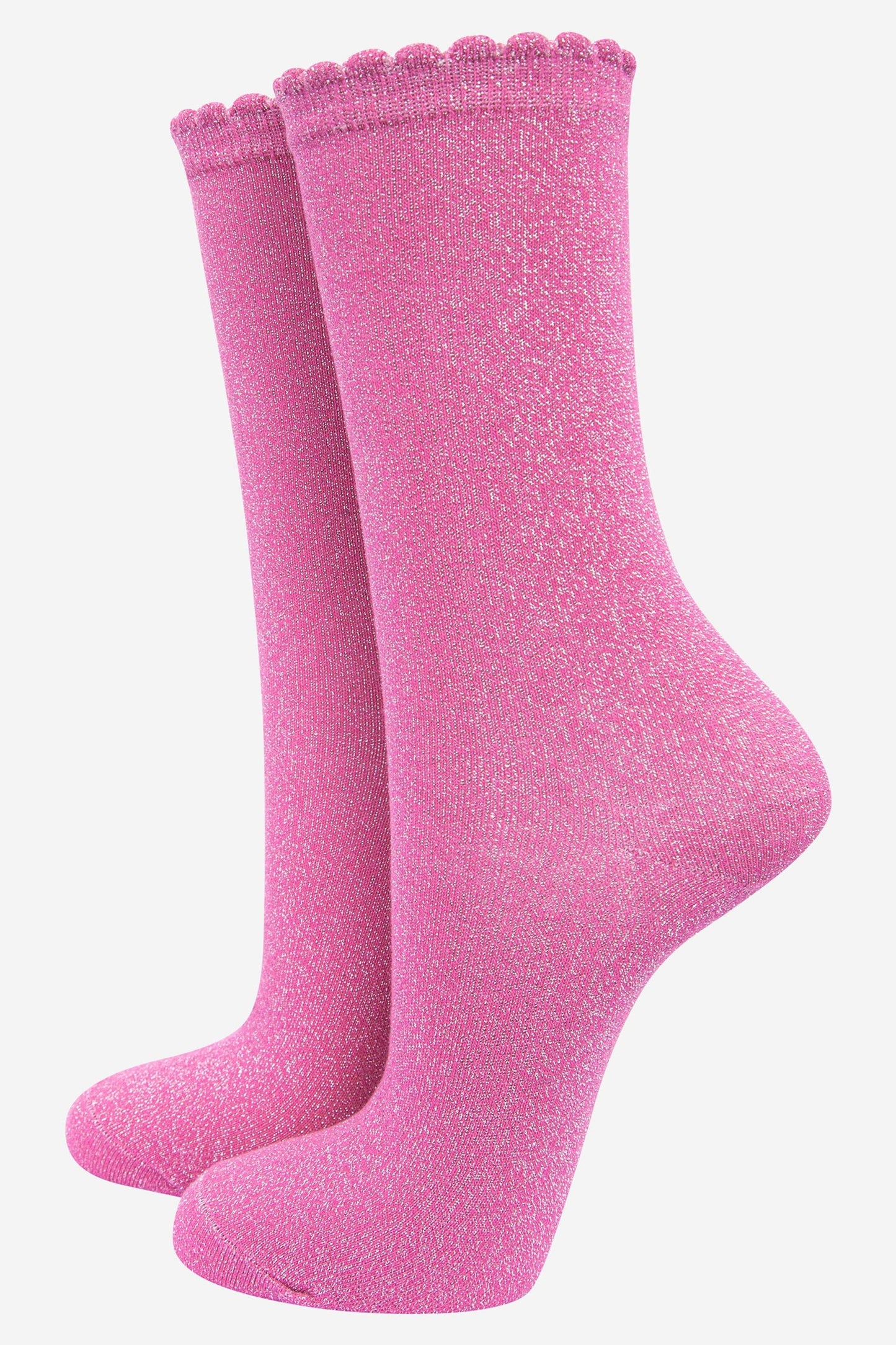 Cotton Glitter Ankle Socks in Pink with Scalloped Top