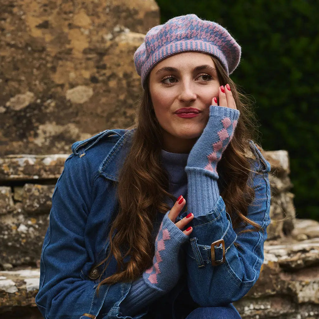 Lola Fingerless Gloves - Sky Blue / Pink