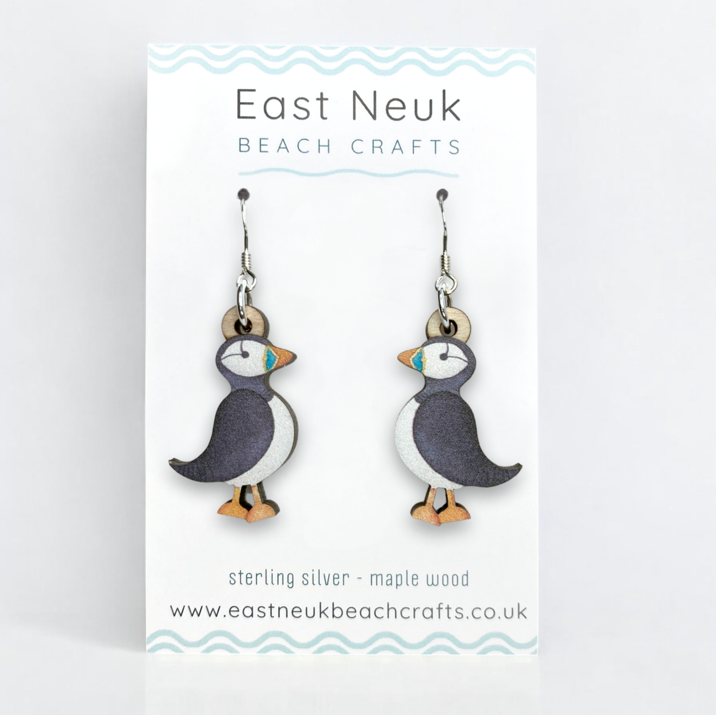 Puffin Earrings - Wooden and Sterling Silver Jewellery
