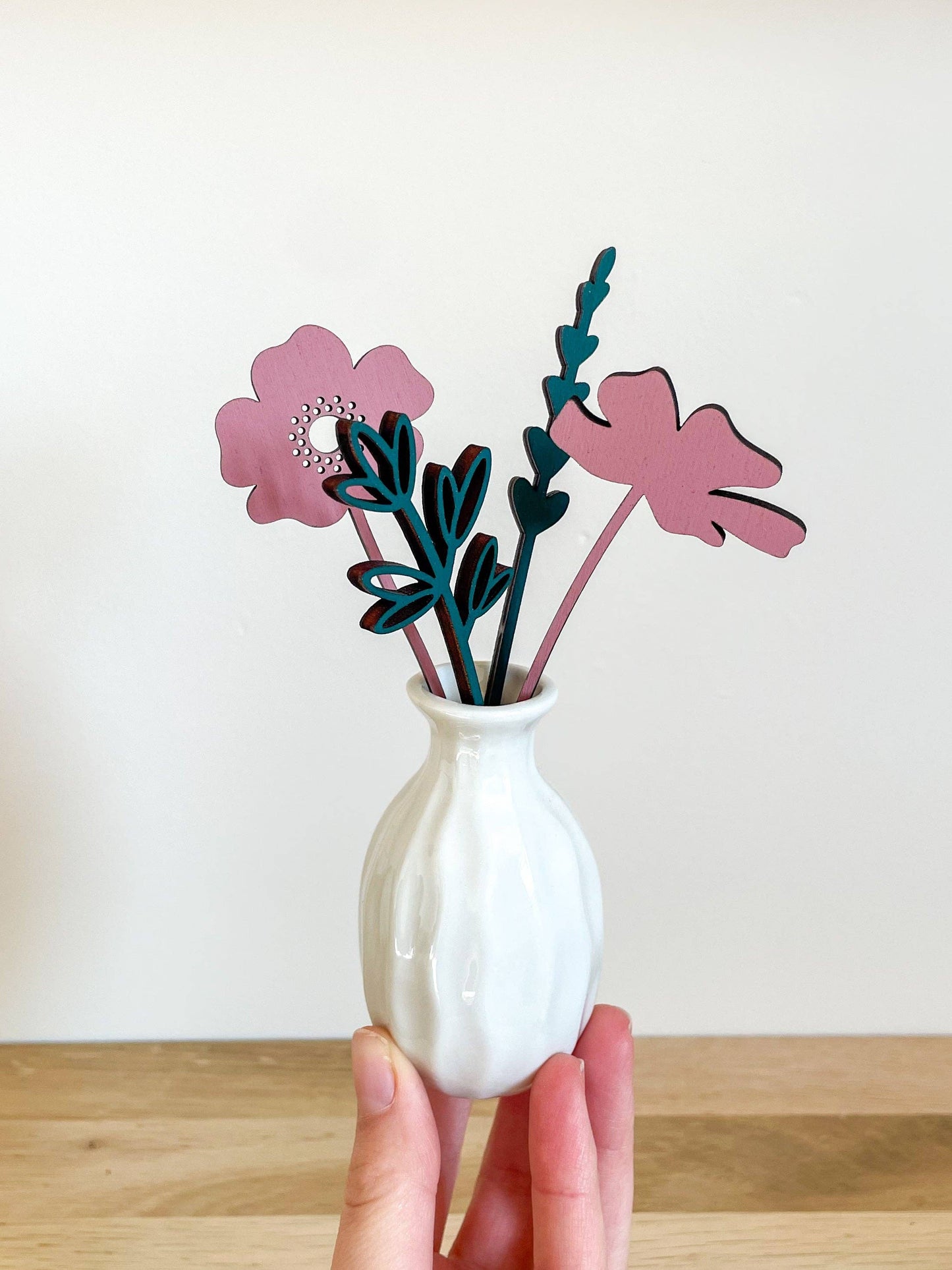 Mini Wooden Wildflowers Set With Vase - Pink