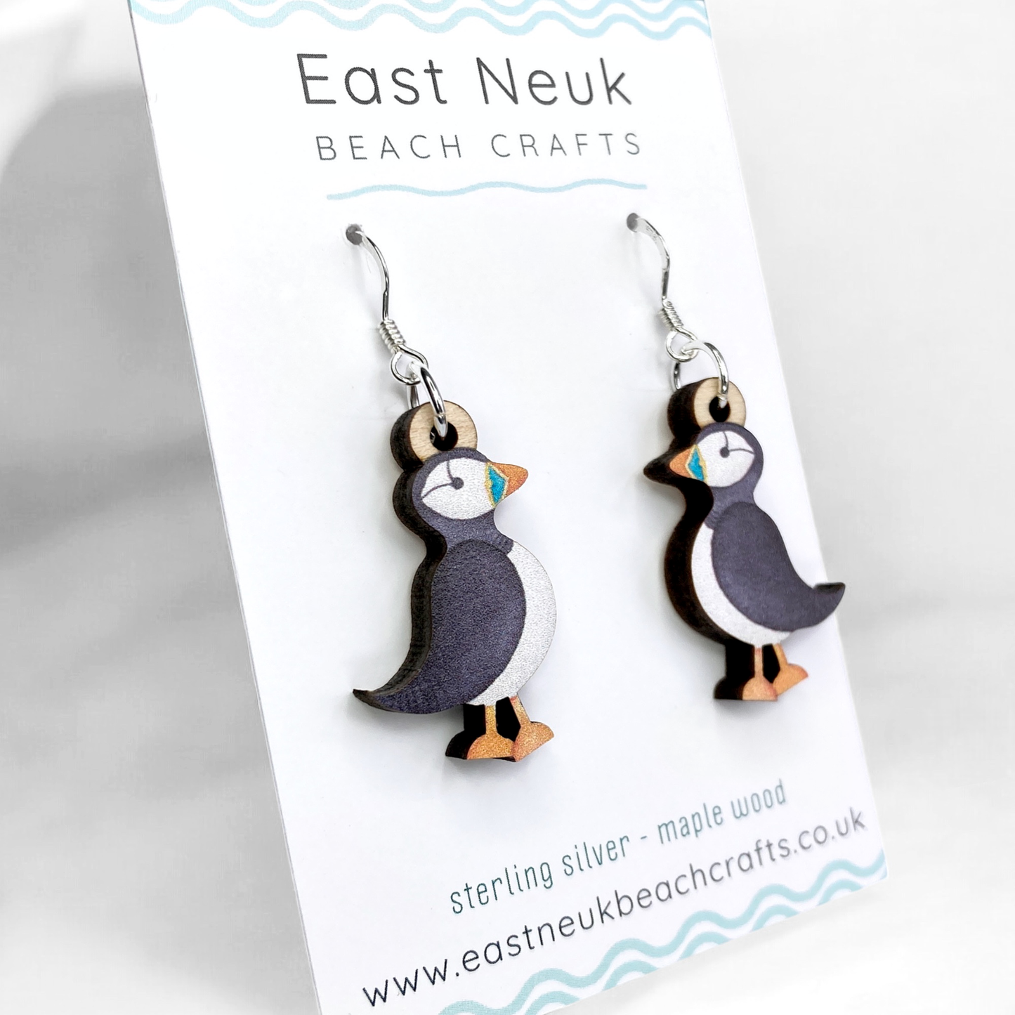 Puffin Earrings - Wooden and Sterling Silver Jewellery