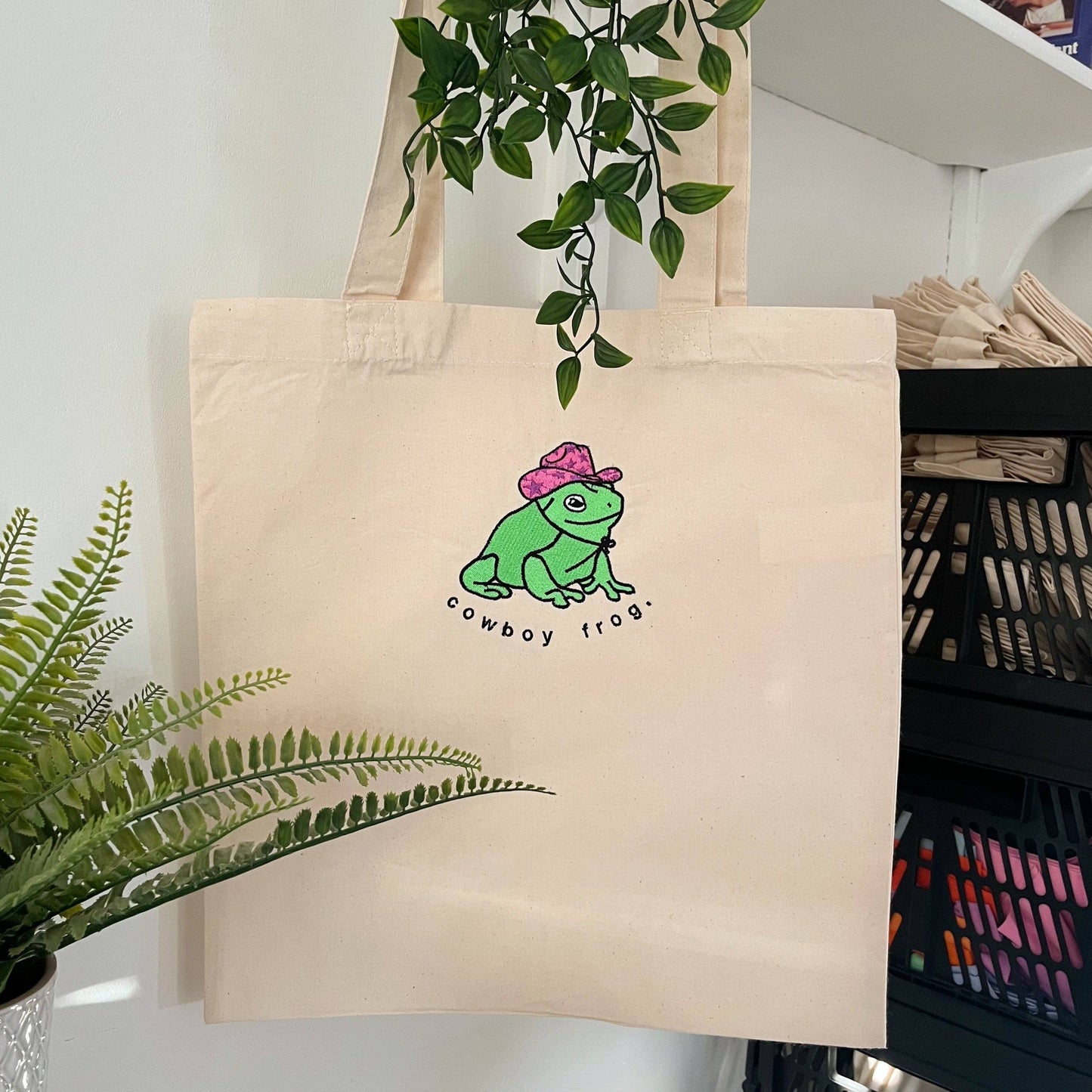 Cowboy Frog Embroidered Tote Bag