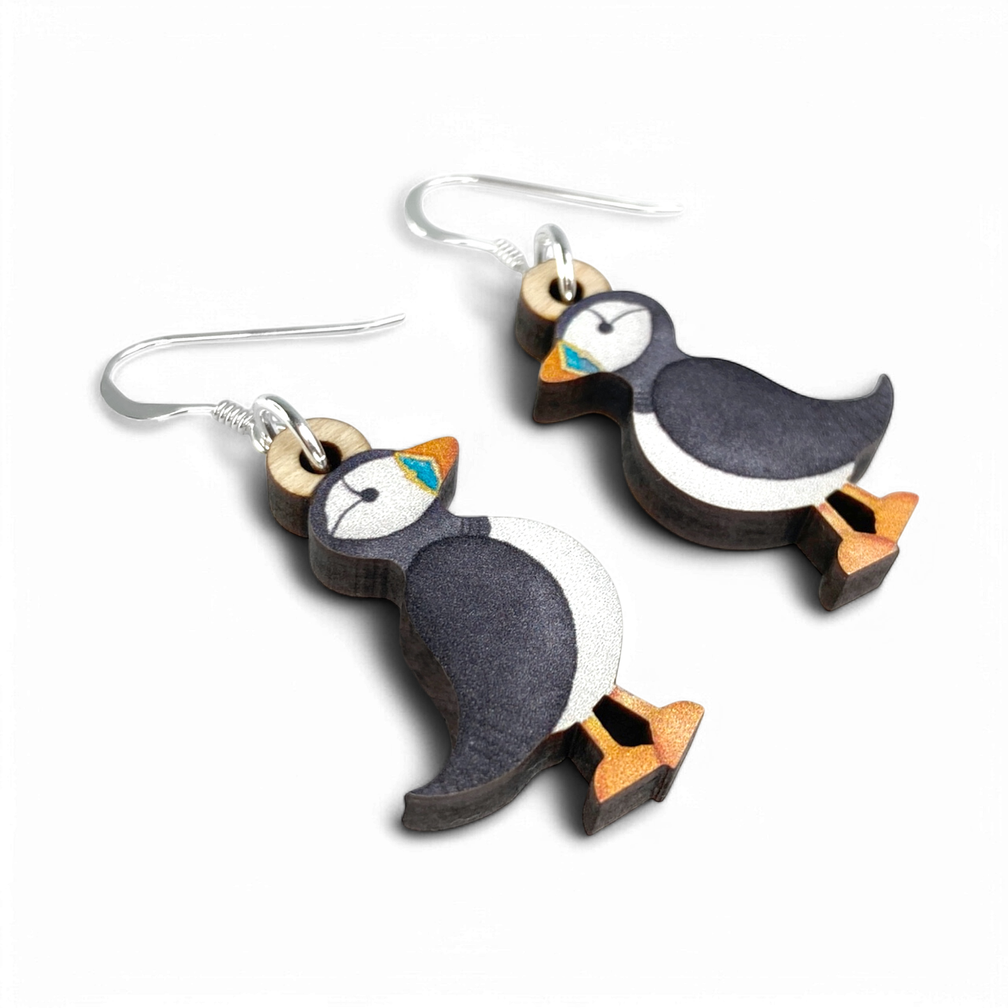 Puffin Earrings - Wooden and Sterling Silver Jewellery