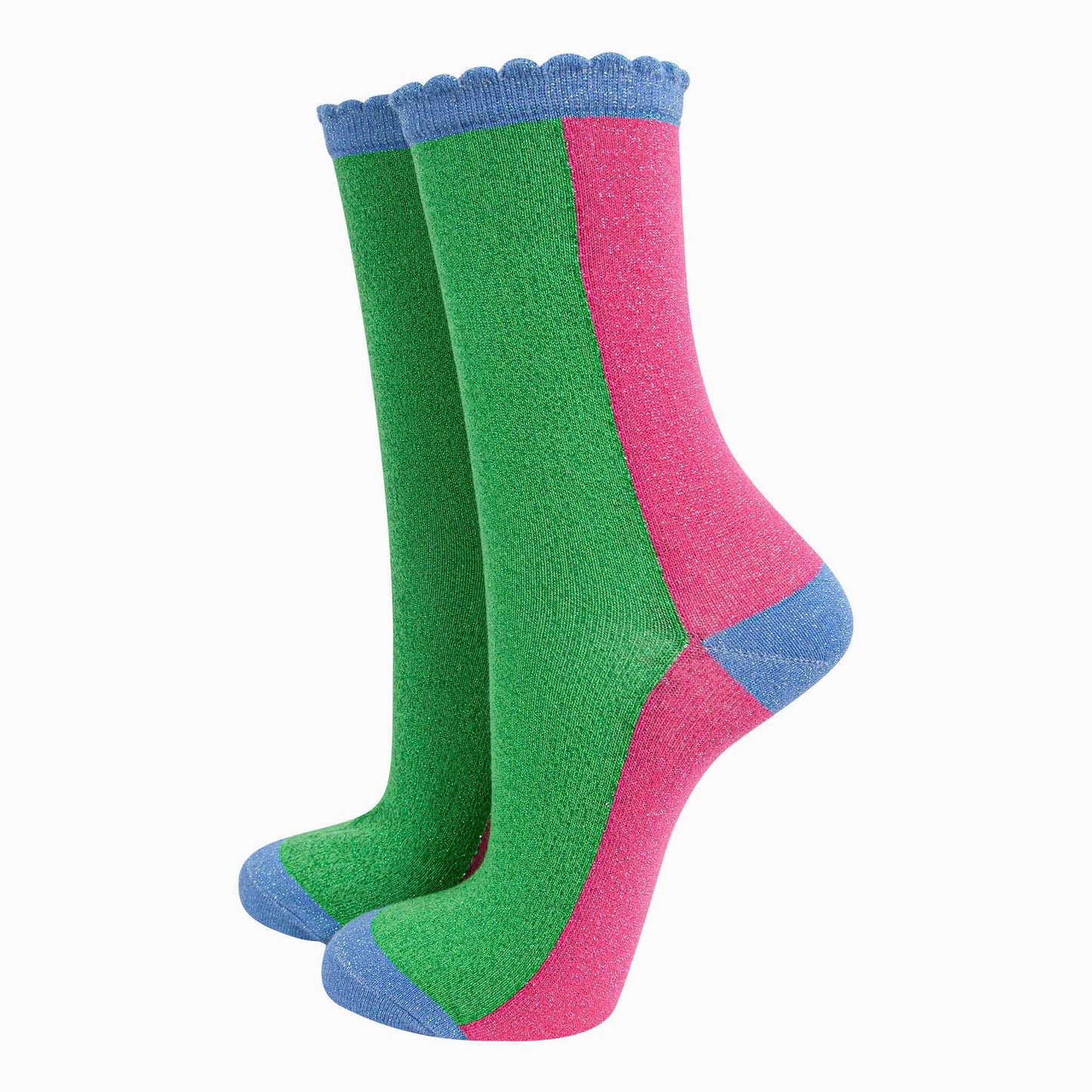 Women's Glitter Socks - Lime/Hot Pink Colour Block