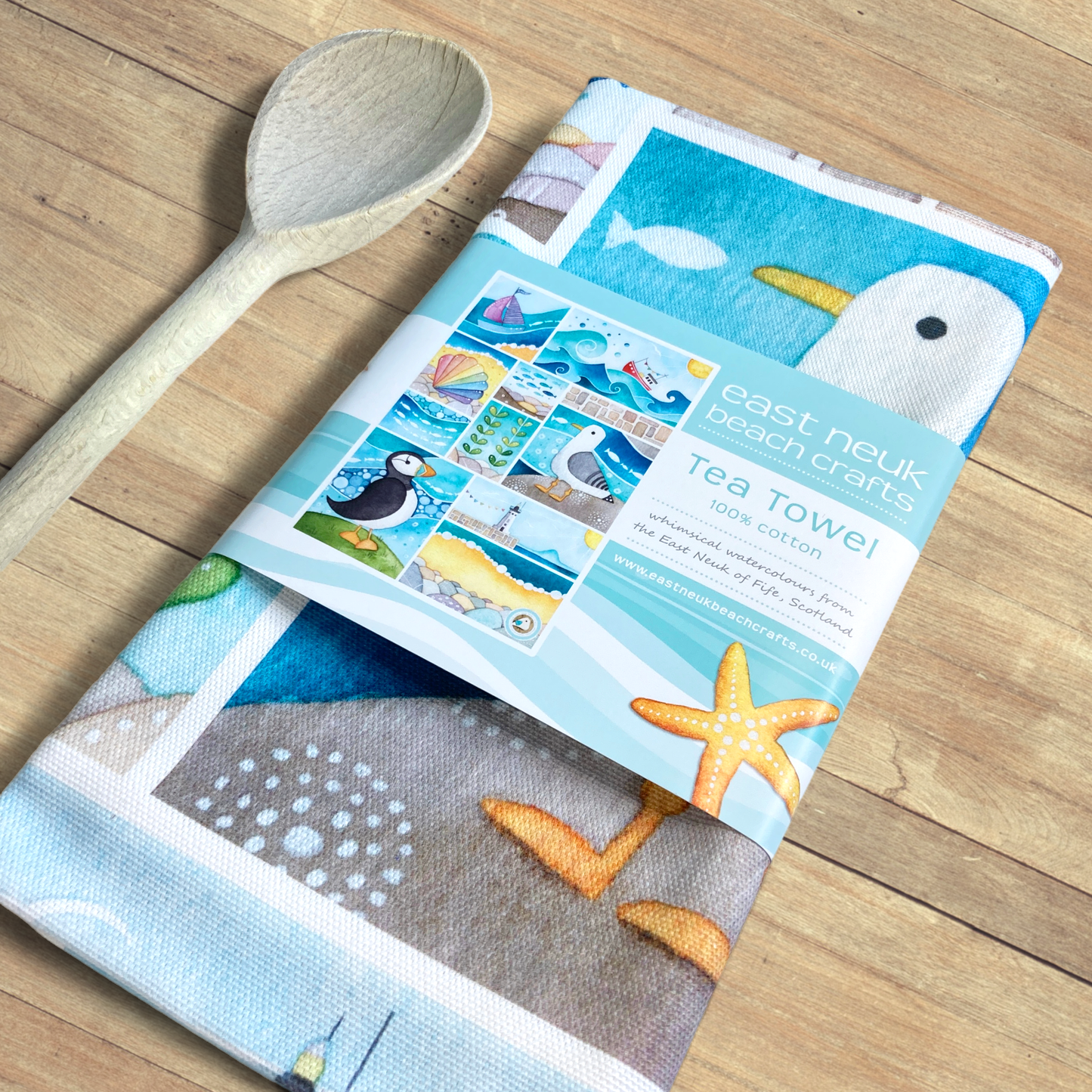 Seaside Tea Towel - Cotton - Puffin, Seagull, Boats