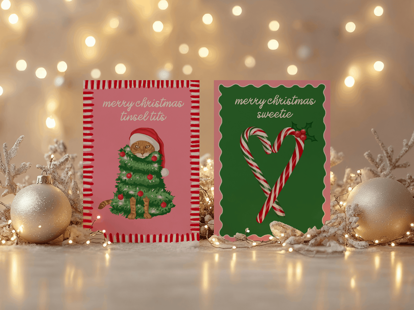 Merry Christmas Tinsel Tits Cat Illustrated Christmas Card