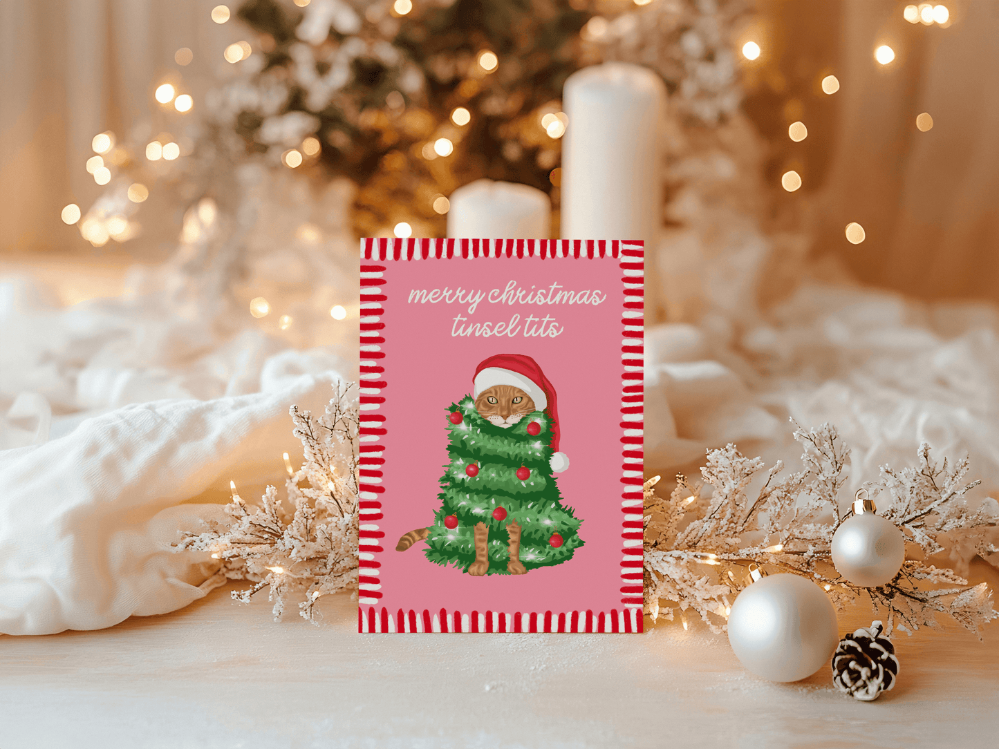 Merry Christmas Tinsel Tits Cat Illustrated Christmas Card