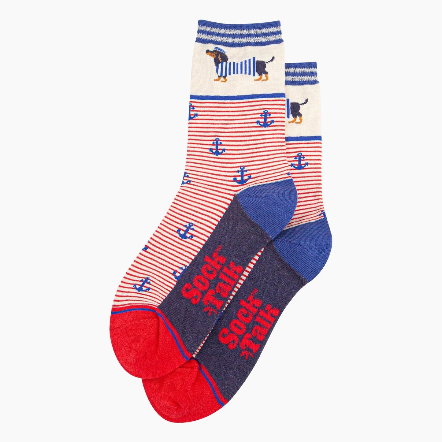 Women's Bamboo Socks - Cream Sausage Dog Sailor Stripe