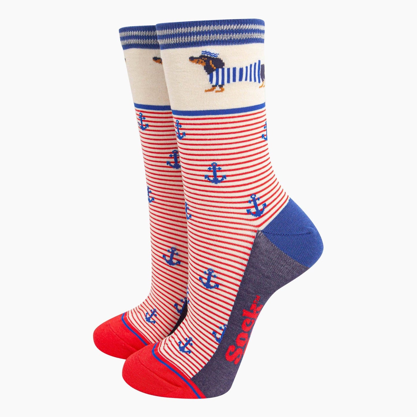 Women's Bamboo Socks - Cream Sausage Dog Sailor Stripe