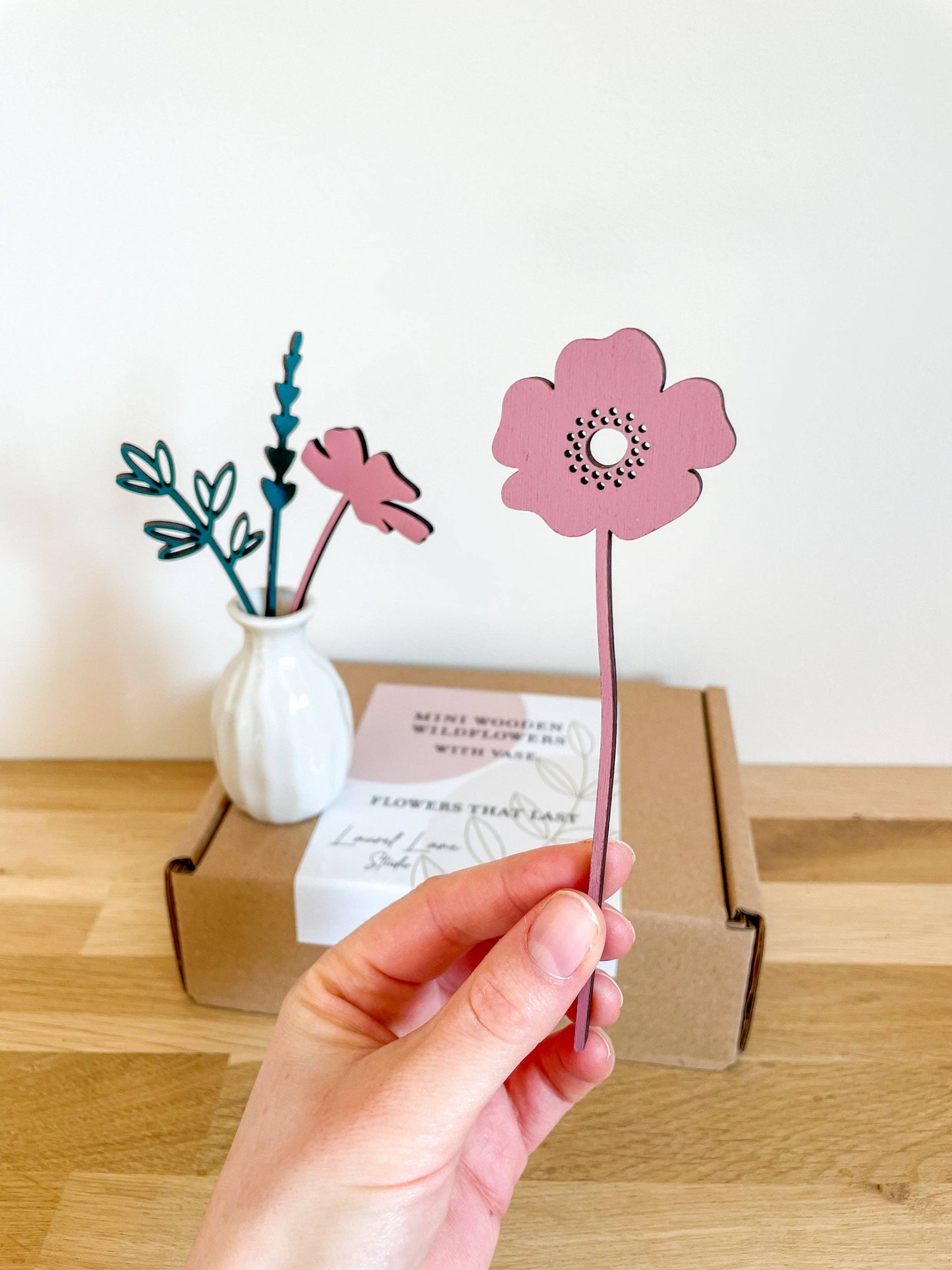 Mini Wooden Wildflowers Set With Vase - Pink