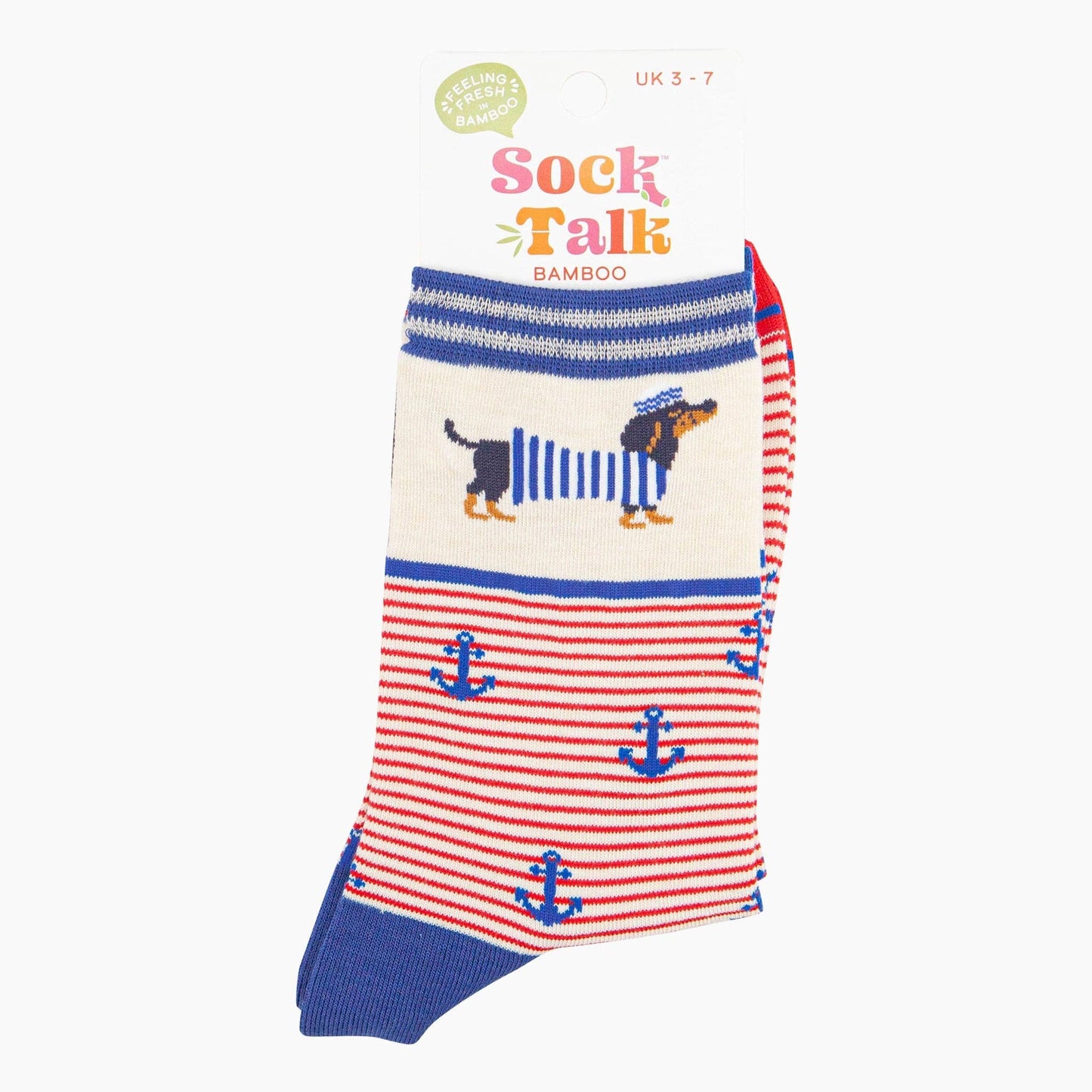 Women's Bamboo Socks - Cream Sausage Dog Sailor Stripe