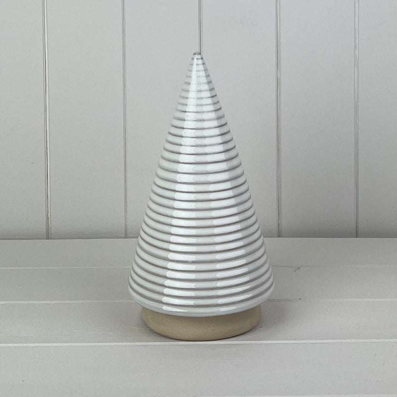 Large White Ribbed Ceramic Tree Ornament with Cream Base