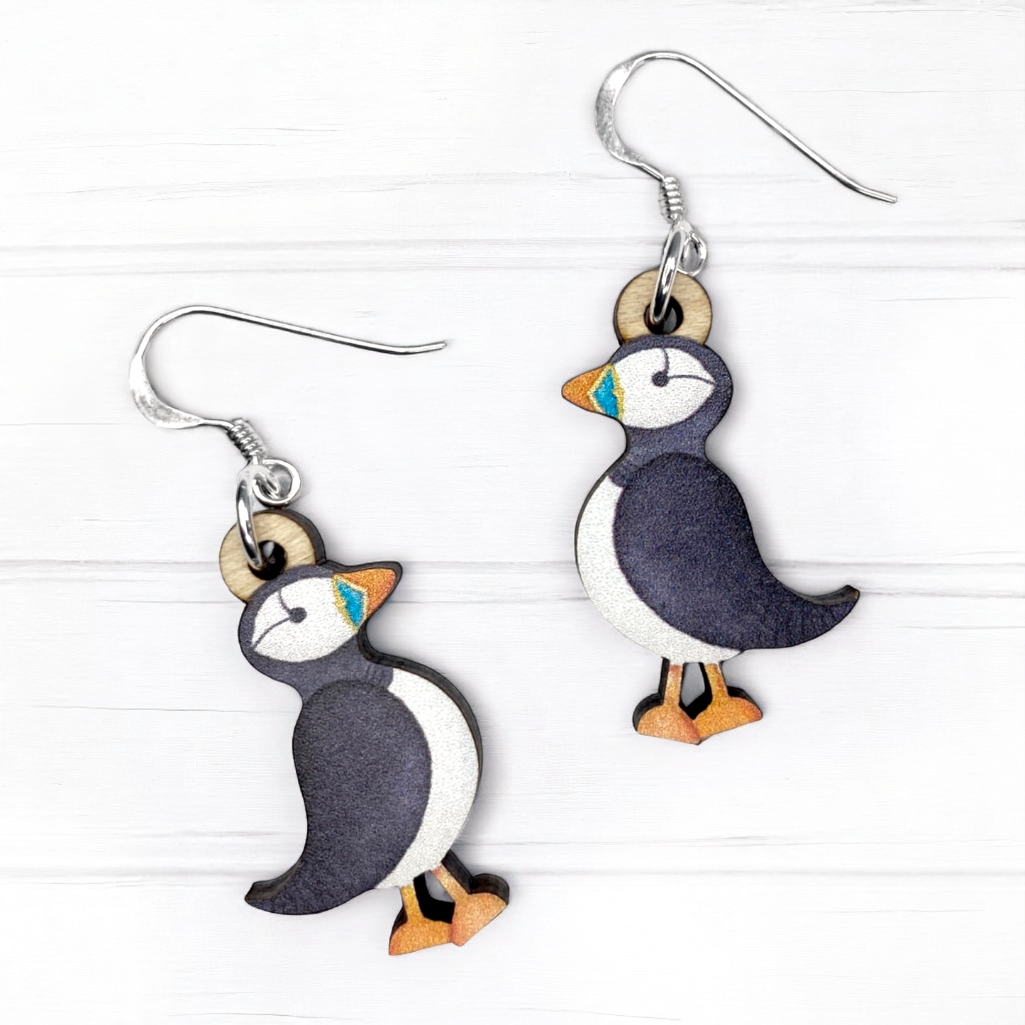 Puffin Earrings - Wooden and Sterling Silver Jewellery