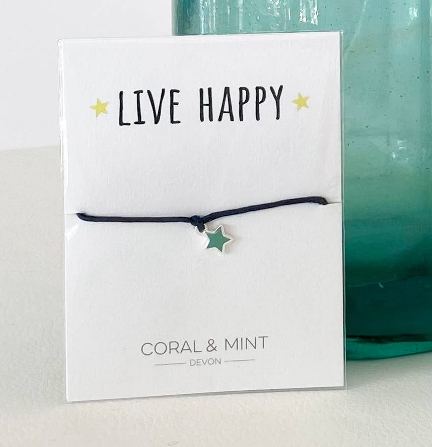 Live Happy Turquoise Star Charm Sentiment String Bracelet