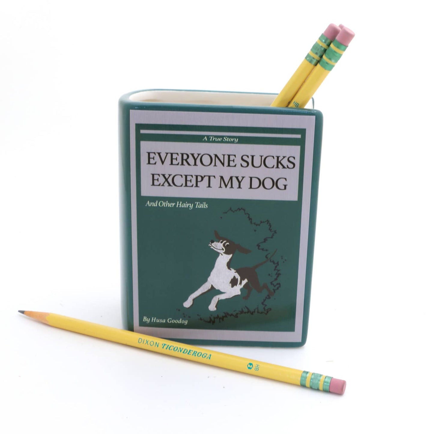 Dog book, Everyone Sucks Except My Dog Book pencil holder, decoupaged, vase