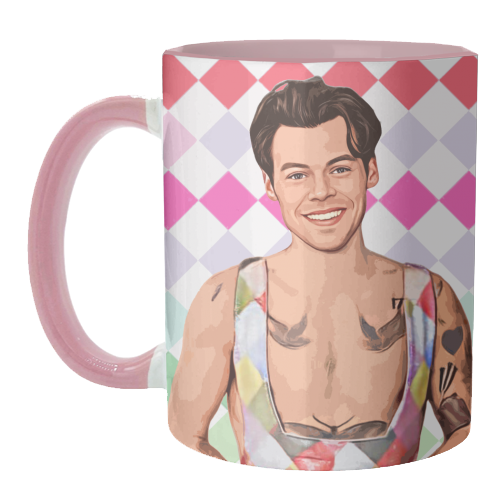 Ceramic Mug 'RAINBOW CHECK HARRY' With Pink Handle