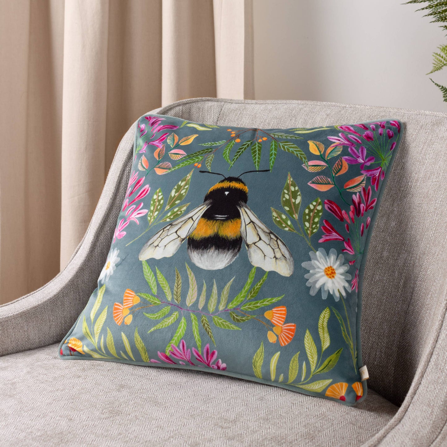 House of Bloom Zinnia Bee Cushion - Steel Blue