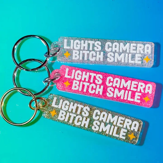 Lights Camera Bitch Smile! Glitter Keychain - Gold/Silver Hardware