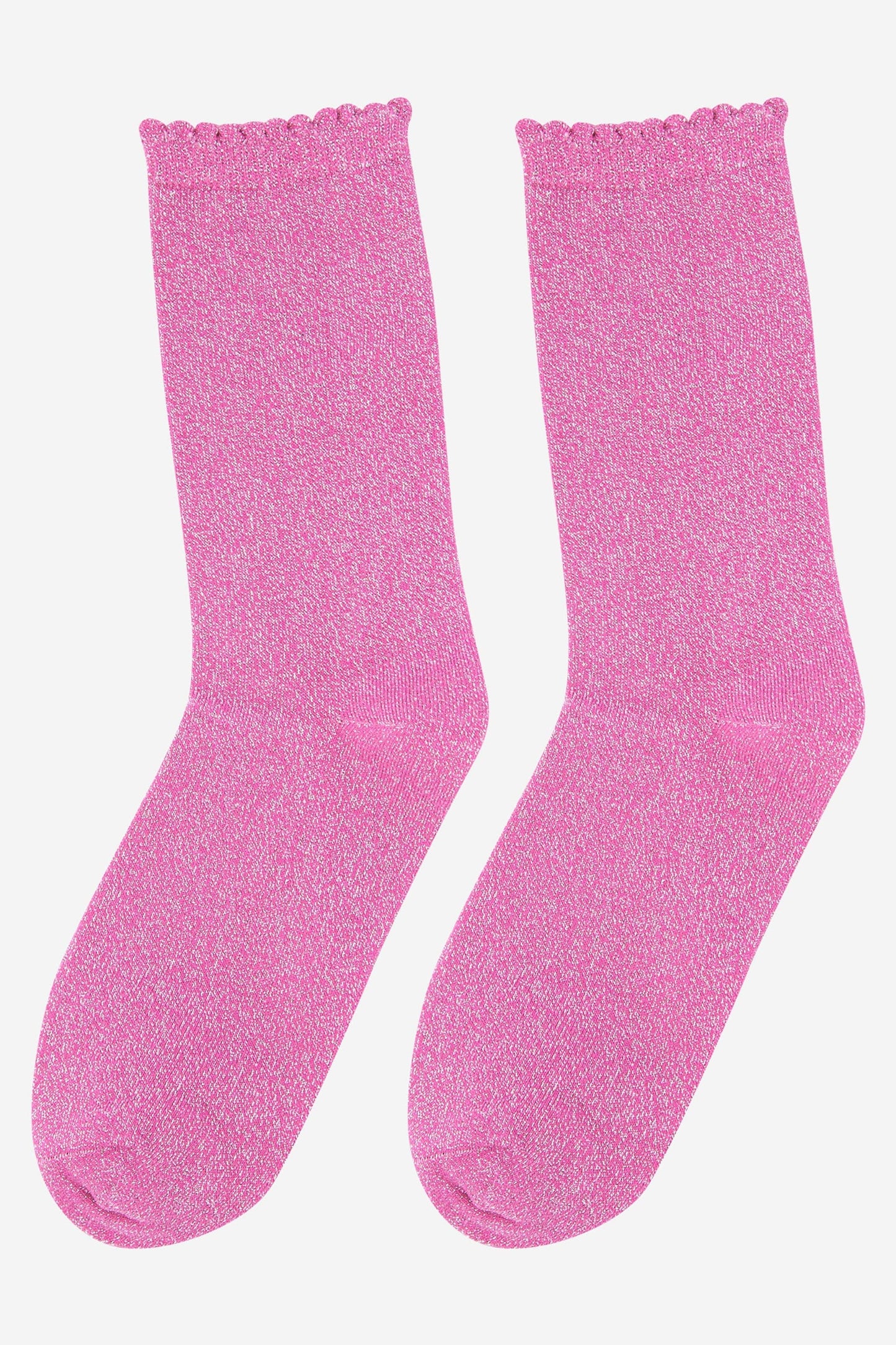 Cotton Glitter Ankle Socks in Pink with Scalloped Top