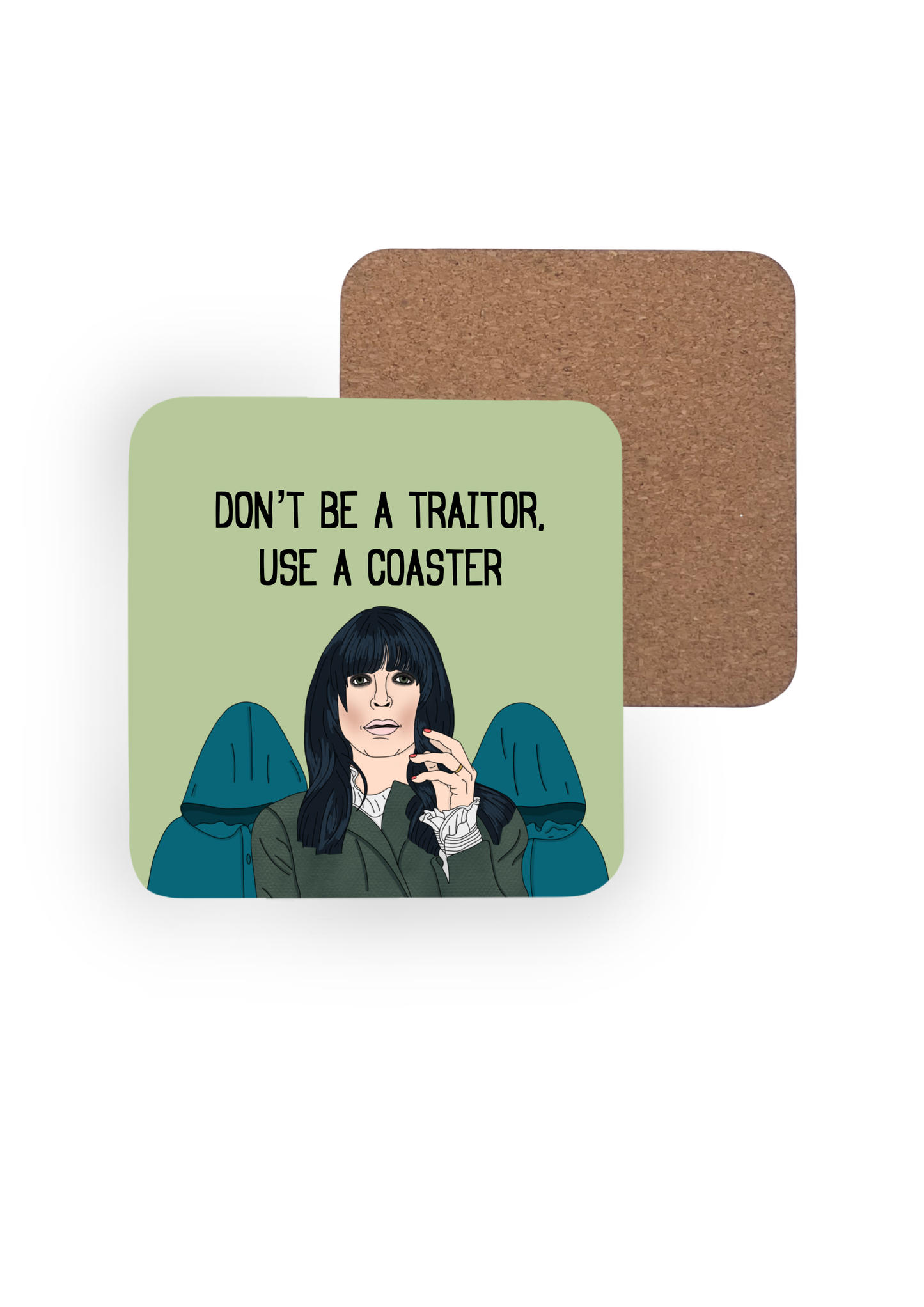 A Traitors Themed Claudia Winkleman Illustrated Coaster  