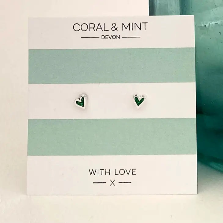 Mini Heart Studs - Emerald Sparkle Enamel