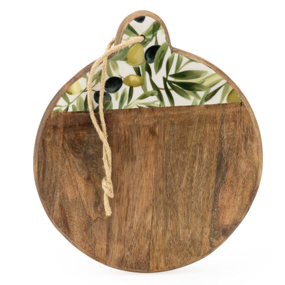 Mango Wood Chopping Board With Enamel - Olives Print