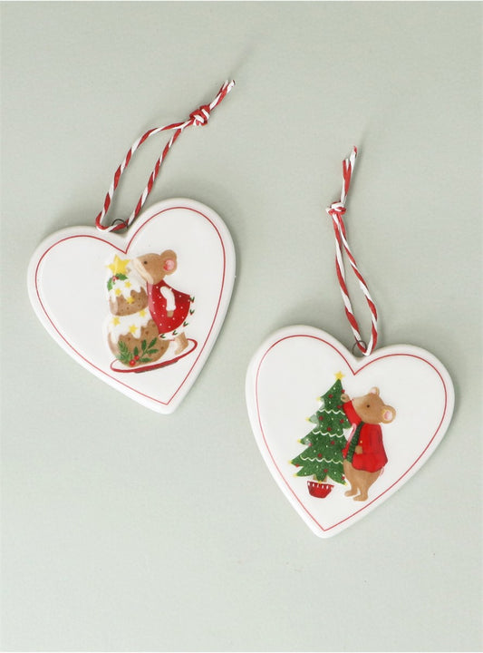 Gisela Graham Set of 2 Hanging Decorations - Heart with Holly & Alfie Mice