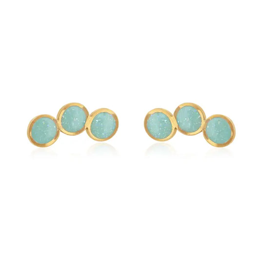 Gold Tri Circle Studs with Mint Enamel
