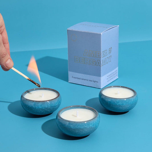 Contemporary Kiln Sky Blue Tea Lights - Amber & Bergamot