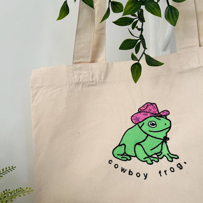 Cowboy Frog Embroidered Tote Bag