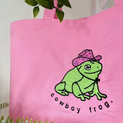 Cowboy Frog Embroidered Tote Bag