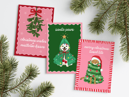 Merry Christmas Tinsel Tits Cat Illustrated Christmas Card