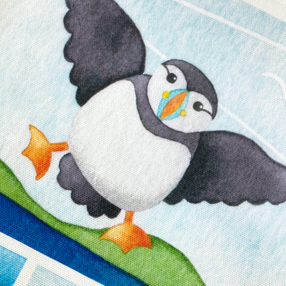 Seaside Tea Towel - Cotton - Puffin, Seal, Gannet, Whale