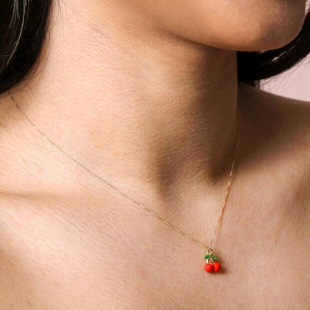 Red Cherry Enamel Pendant Necklace in Gold