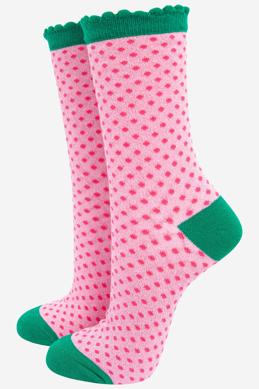 Women's Cotton Glitter Socks Polka Dot Spots in Pink & Green