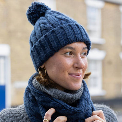 Navy Cable Knit Winter Bobble Hat