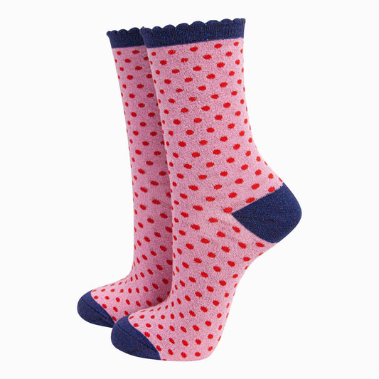 Women's Glitter Socks - Pink/Red Polka Dots