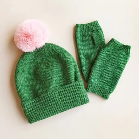 Emerald Green Hat With Pink Pompom