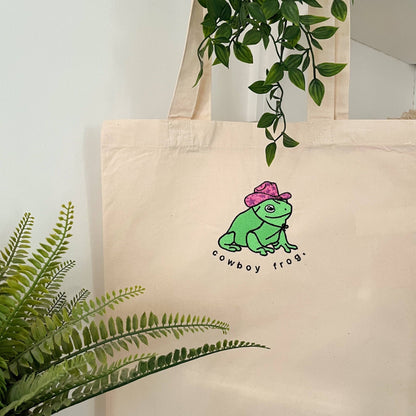 Cowboy Frog Embroidered Tote Bag