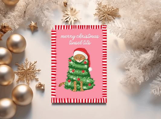 Merry Christmas Tinsel Tits Cat Illustrated Christmas Card