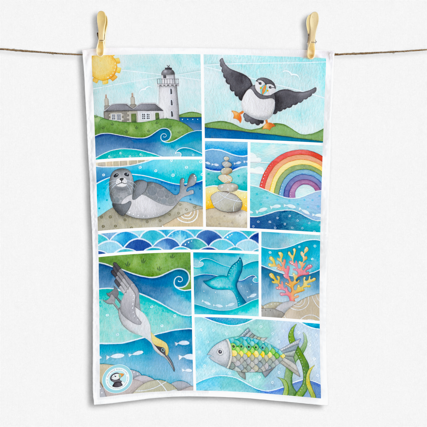 Seaside Tea Towel - Cotton - Puffin, Seal, Gannet, Whale