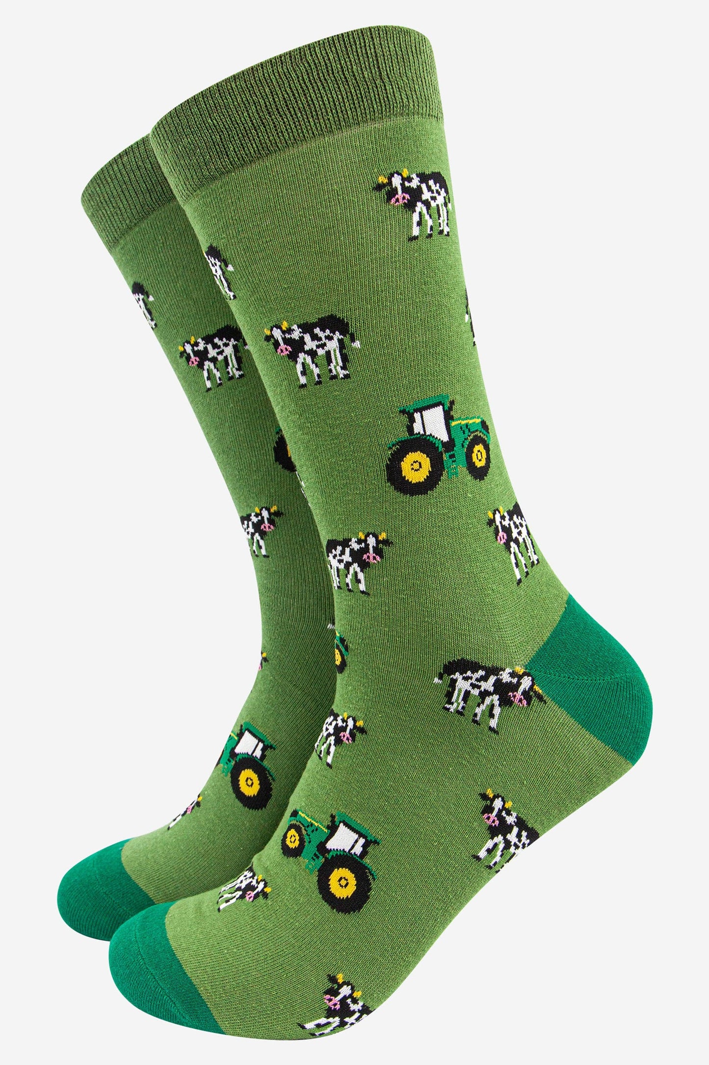 Men's Green Tractor and Cow Print Bamboo Socks