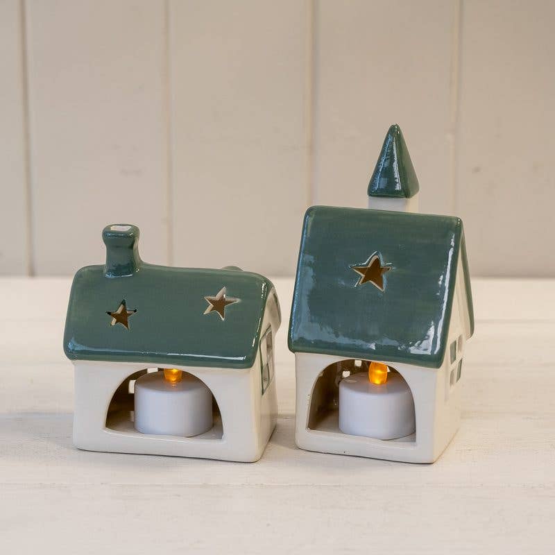 White/Green Ceramic House Tealight